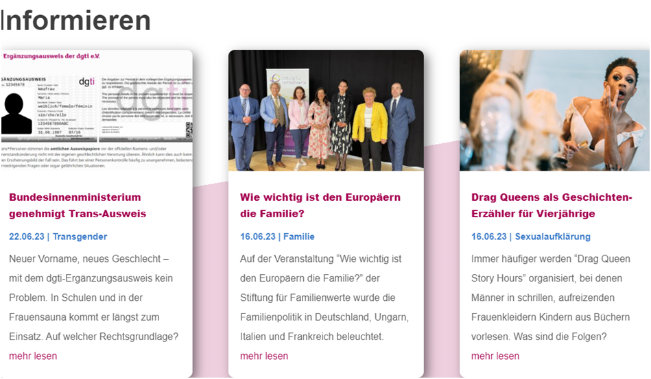 Vorschau auf drei Artikel: „Bundesinnenministerium genehmigt Trans-Ausweis“ vom 22.06.23, „Wie wichtig ist den Europäern die Familie?“ vom 16.06.23, „Drag Queens als Geschichten-Erzähler für Vierjährige“ vom 16.06.23.