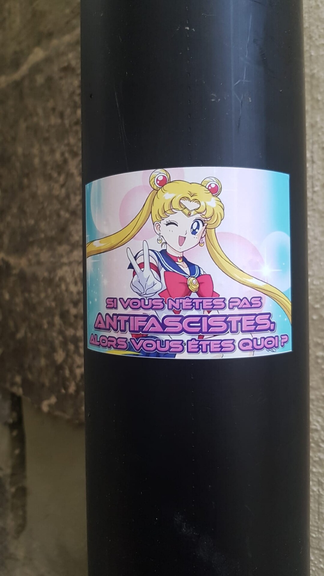 Sailor moon sticker on a pole that says "if you're not anti-fascist, what are you?" In French