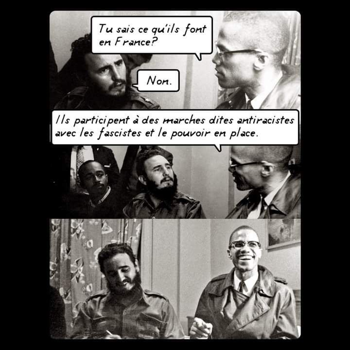 3 Photos noir et blanc de Malcom X et Fidel Castro parlant ensemble les 2 premieres Malcom X dit "Tu sais ce qu'ils font en France ? " "Non" lui réponds Fidel "Ils participent à des marches dite antiracistes avec les fascistes et le pouvoir en place" <br />Photo 3 les deux mêmes face objectifs hilares