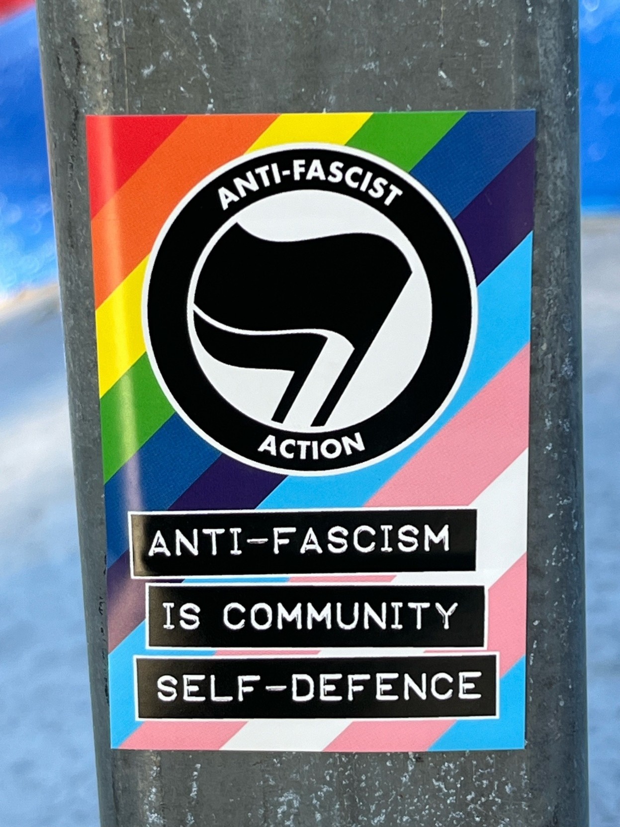 Antifa sticker on a pole featuring a rainbow & trans flag background and the words "Anti-Fascism is community self-defence"