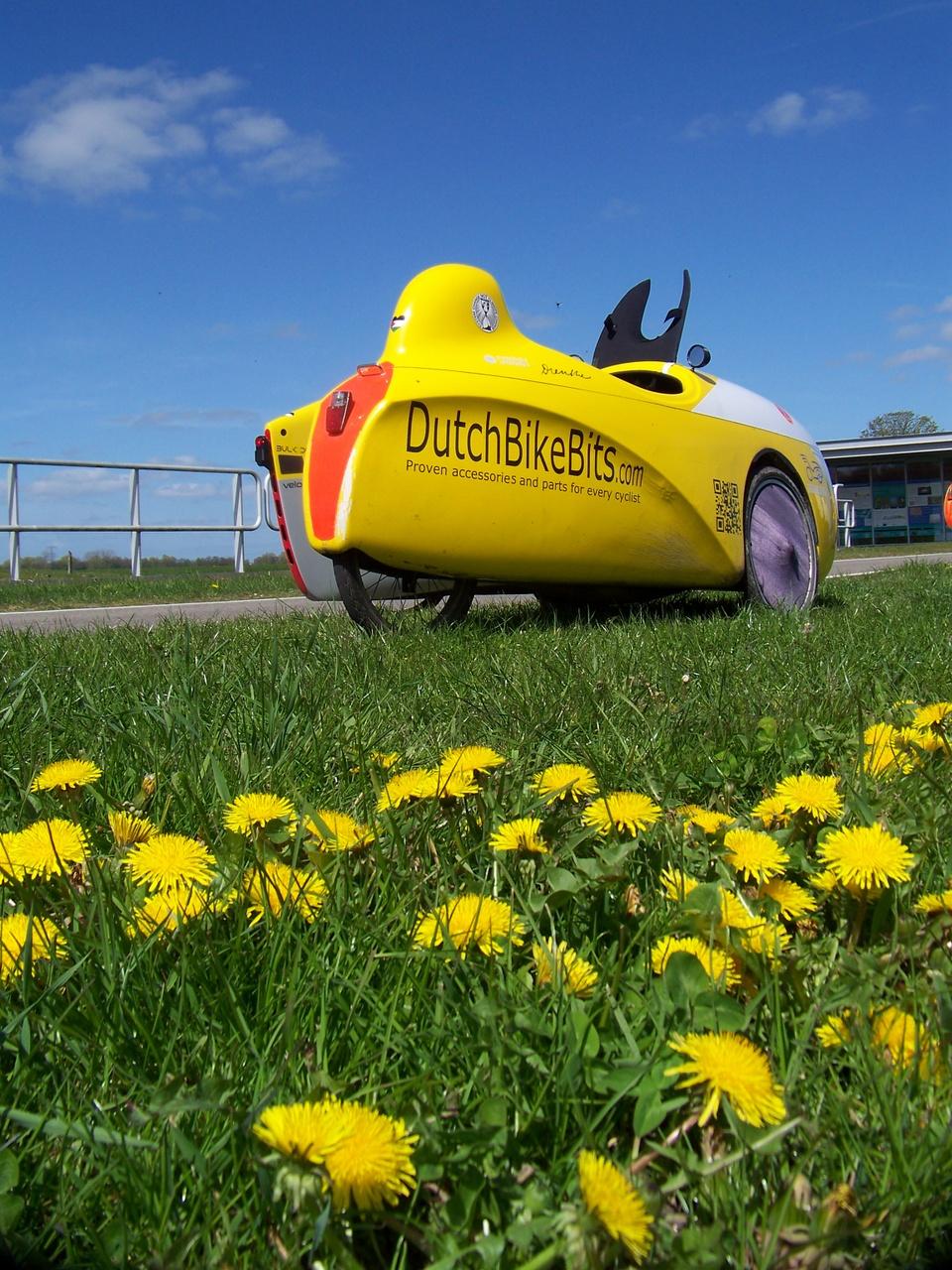 Photo taken during our lunch pause of yellow daffodils in front of my yellow velomobile against green grass and blue sky