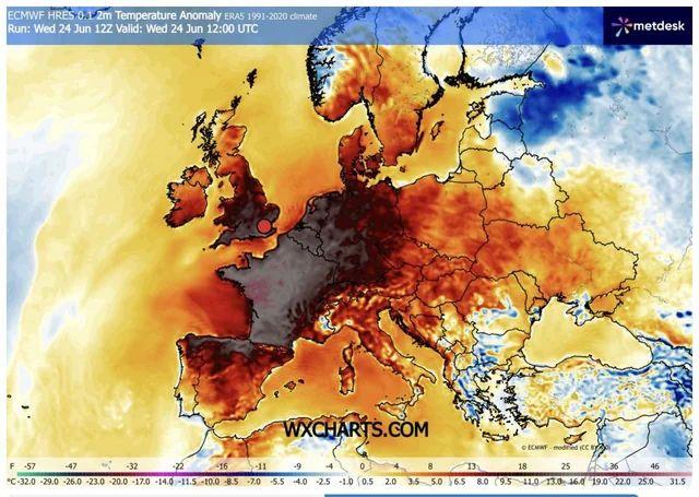 temperature map of Europe with extreme heat over most of the continent