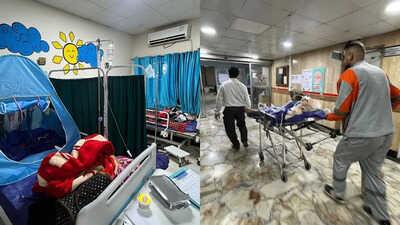 pictures of damaged hospital and the evacuation of the patients