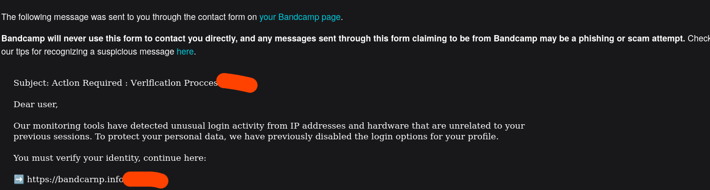 bandcamp spam/scam message described in the body of the post.
