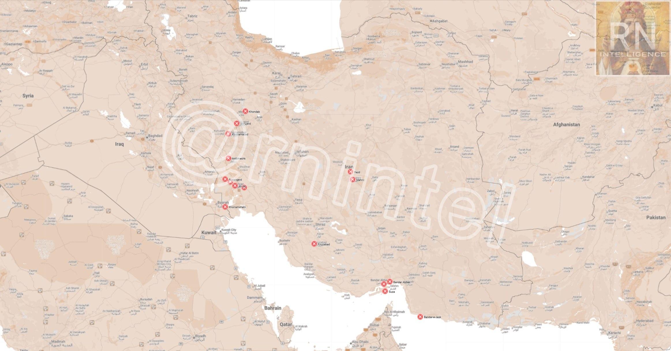 map of Iran with locations where IS bombed in red