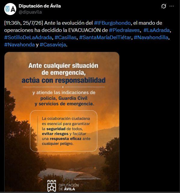 SE ORDENA LA EVACUACIÓN DE PIEDRALAVES, LA ADRADA, SOTILLO DE LA ADRADA, CASILLAS, SANTA MARÍA DEL TIETAR, NAVAHONDILLA, NAVAHONDA Y CASAVIEJA