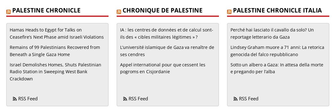 Three columns of RSS feeds. From left to right : English, French, Italian.