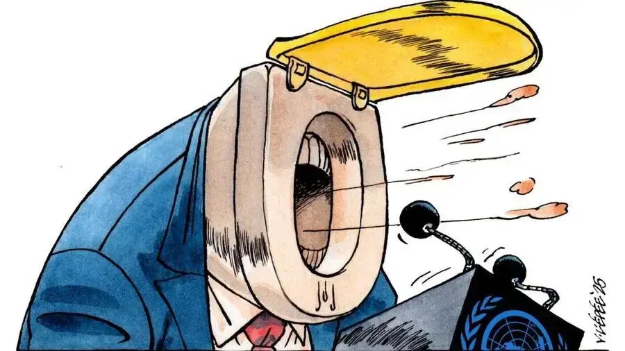 cartoon of trump like an open toilet seat spewing out shit
