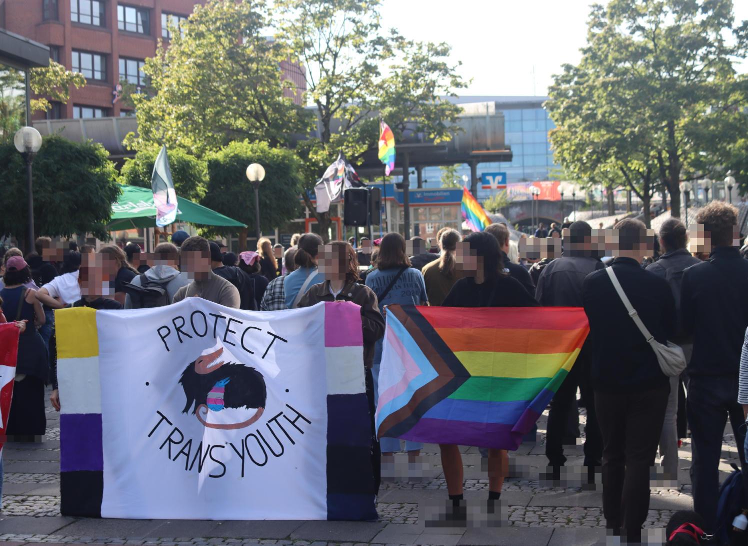 Auf dem bild ist die Kundgebung zu sehen. Im Vordergrund ist eine progress pride flag und ein Transpi zu sehen auf dem ein Großes Opossum zu sehen, das ein kleines Opossum beschüzt, dass in den Farben der trans pride flag bemalt ist.. Drum herum steht "Protect trans youth".