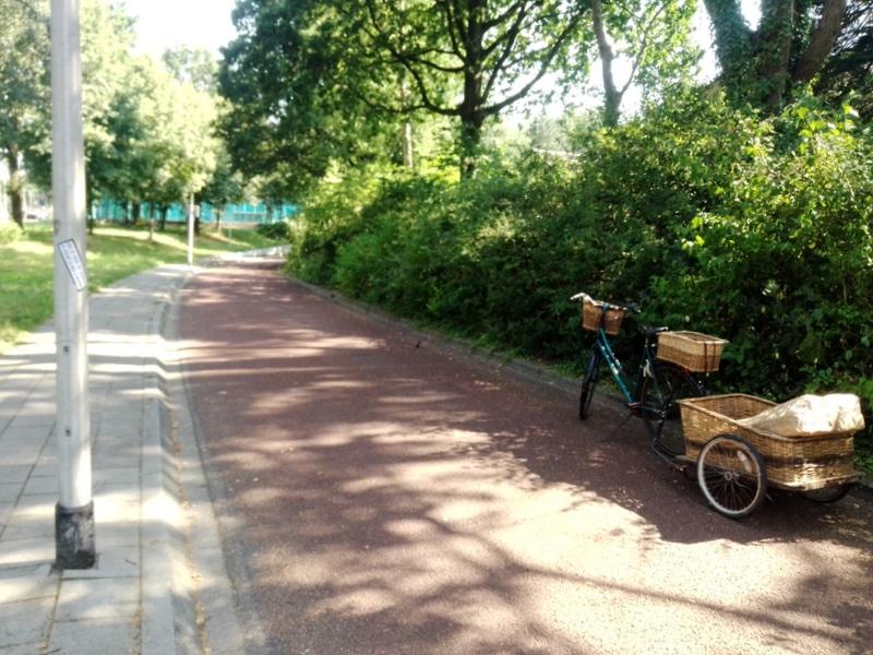 My bike and trailer take a break in the shade on a Dutch cycle path.

The sticker on the lamp post reads "Kies je voor het klimaat of wacht je nog twee graden?", or "Do you choose for the environment or will je wait two more degrees?" I've no idea how that got there...